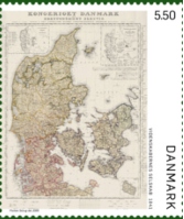 Videnskabernes Selskabs danmarkskort 1841 på frimærke udgivet 2009